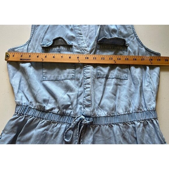 Izod Lyocell Chambray Denim Sleeveless V-Neck Dress Tie Waist Womens Large - Picture 4 of 9